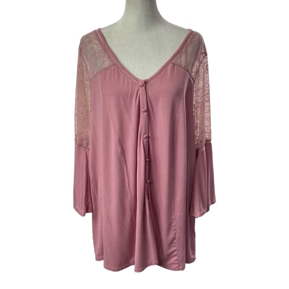 TORRID Women Super Soft Long Bell Sleeves Lace Accents Tunic Sz 2X Pink 2-14